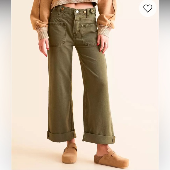 Free People Denim - Free People Palmer Wide Leg Cuffed Jean Green Button Fly Cotton Size 29
